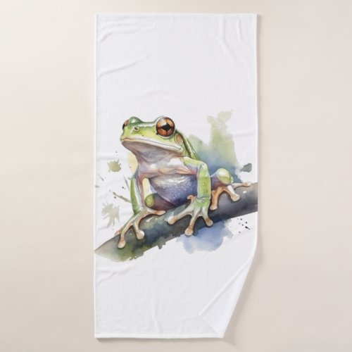 cute tree frog sitting on a branch in water color bath towel