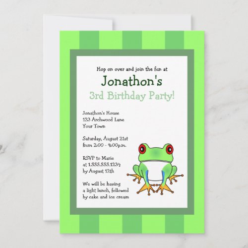 Cute Tree Frog w/ Stripes Birthday Invite 5x7