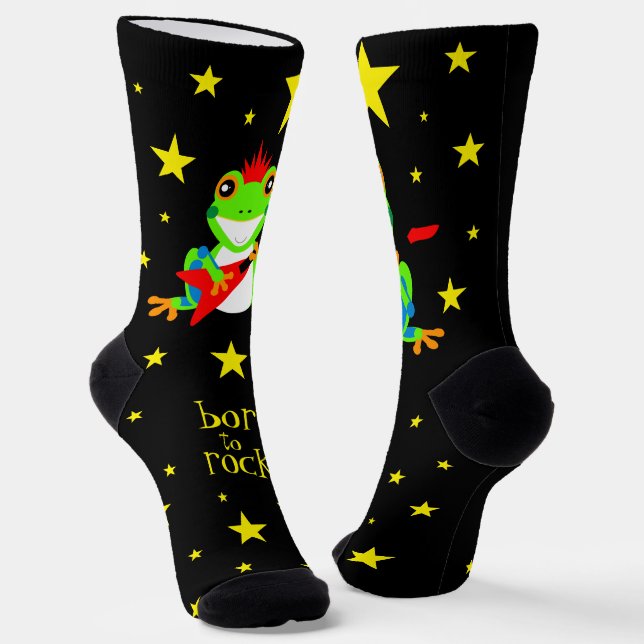 Cute Tree Frogs Rockin' Red Guitars Socks (Angled)