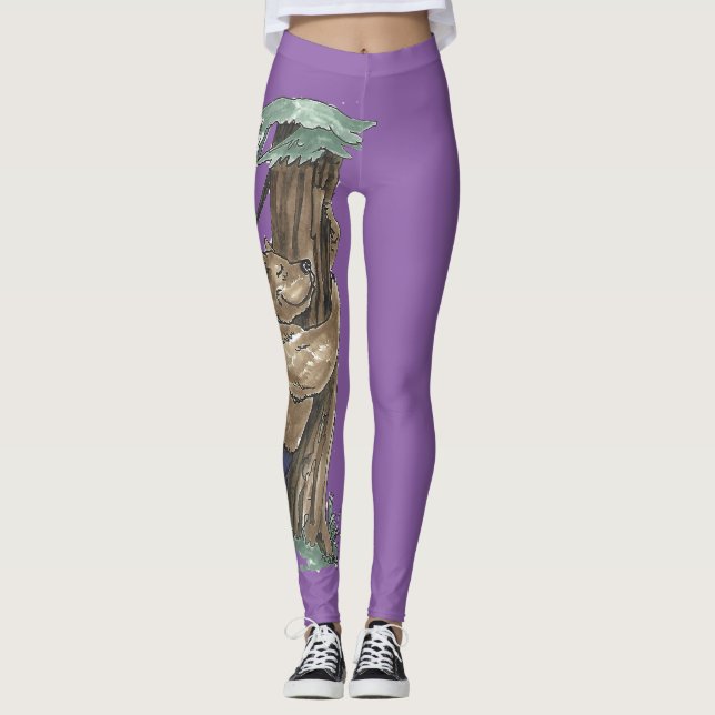 Cute Tree Hugger Bear Outdoor Scene Designed Leggings (Front)