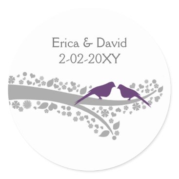 cute tree purple lovebirds wedding favor stickers