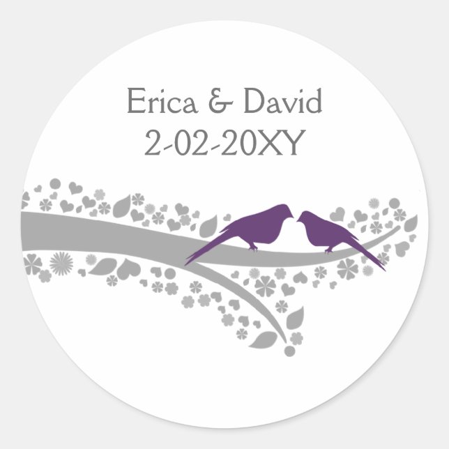 cute tree purple lovebirds wedding favor stickers (Front)