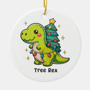 Cute Tree Rex Christmas Dinosaur T Rex Xmas Lights Ceramic Ornament