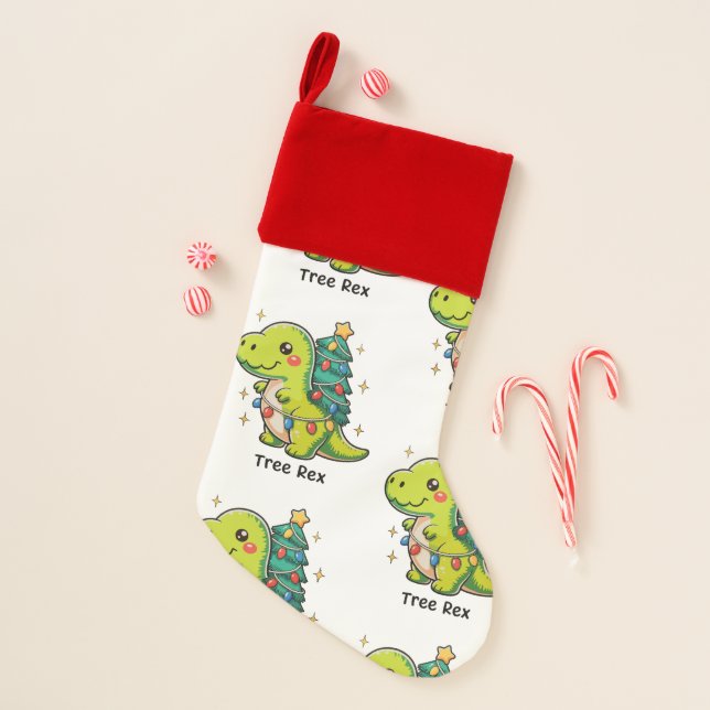 Cute Tree Rex Christmas Dinosaur T Rex Xmas Lights Christmas Stocking (Front)