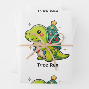 Cute Tree Rex Christmas Dinosaur T Rex Xmas Lights Wrapping Paper Sheets