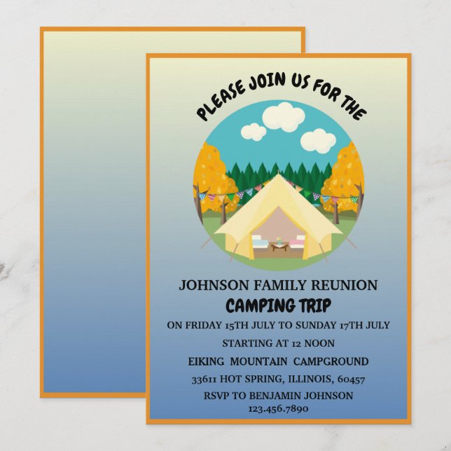 Cute  Tree & Tent Summer Camping Family Reunion Invitation (Front/Back)
