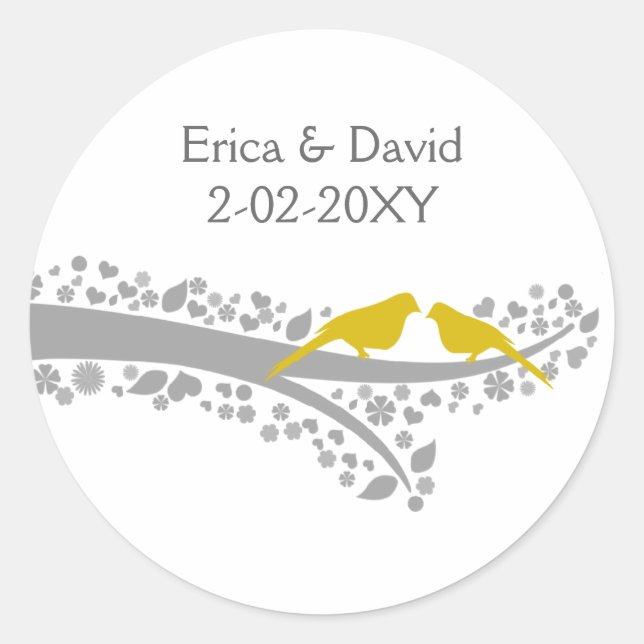 cute tree yellow lovebirds wedding favor stickers (Front)