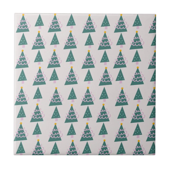 Cute Trees Doodles Pink Green      Ceramic Tile (Front)