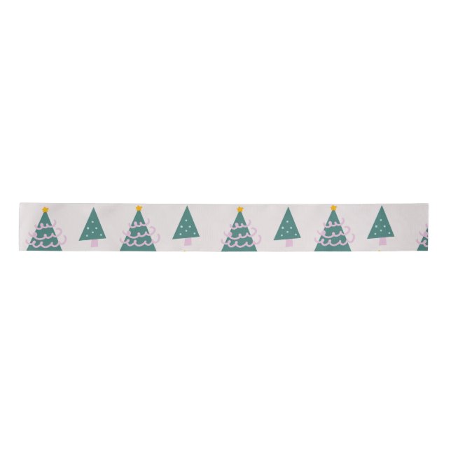 Cute Trees Doodles Pink Green Satin Ribbon (Front)