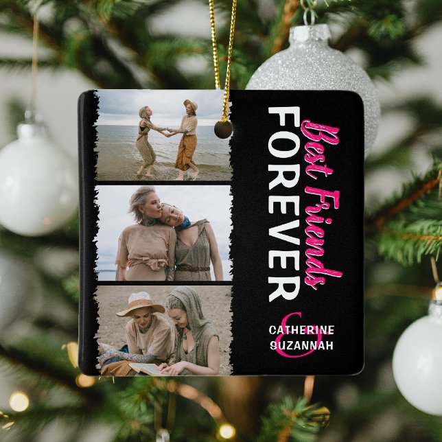 Cute Trendy 'Best Friends Forever' 3 Photo & Names Ceramic Ornament (Creator Uploaded)