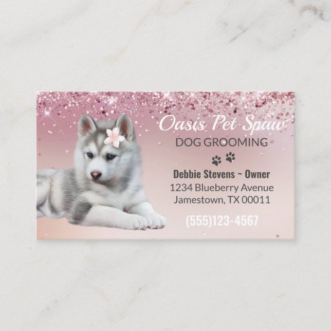 Cute Trendy Blush Pink Glitter Dog Groom Service Business Card (Front)