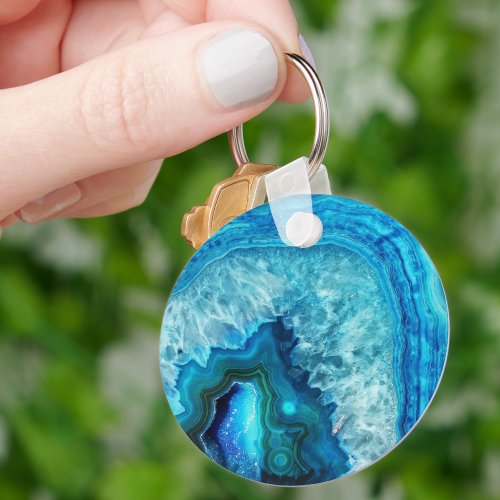 Cute Trendy Bright Blue Turquoise Crystal Geode Keychain