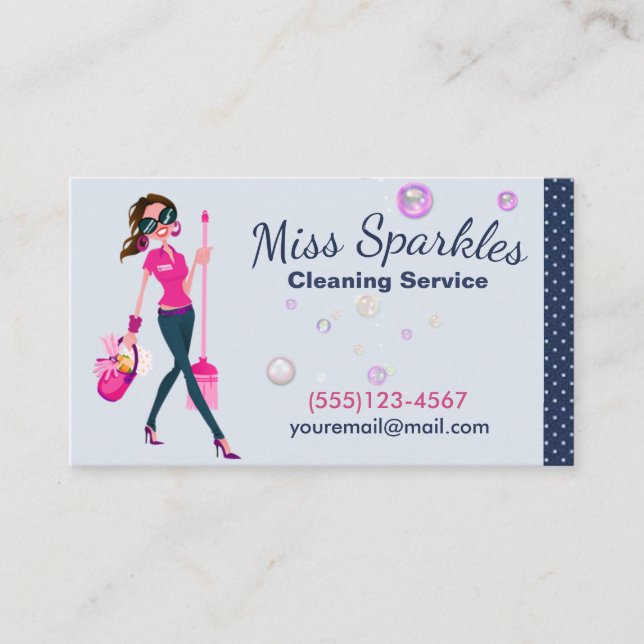 Cute Trendy Cartoon Maid House Cleaning Services Business Card (Front)