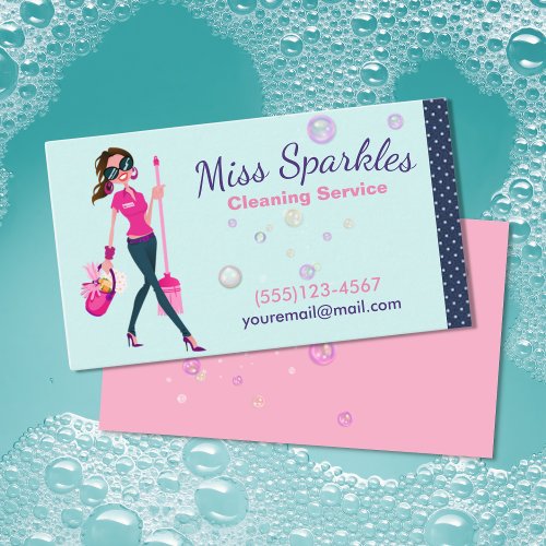 Cute Trendy Cartoon Maid House Cleaning Services Business Card