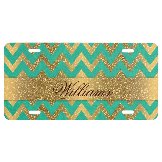 Cute trendy chevron zigzag faux gold glitter license plate (Front)