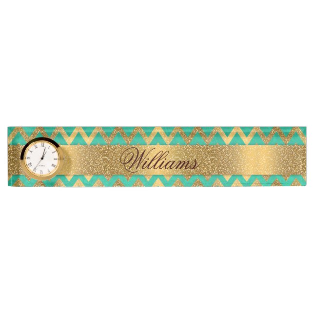 Cute trendy chevron zigzag faux gold glitter name plate (Front)