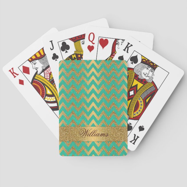 Cute trendy chevron zigzag faux gold glitter poker cards (Back)