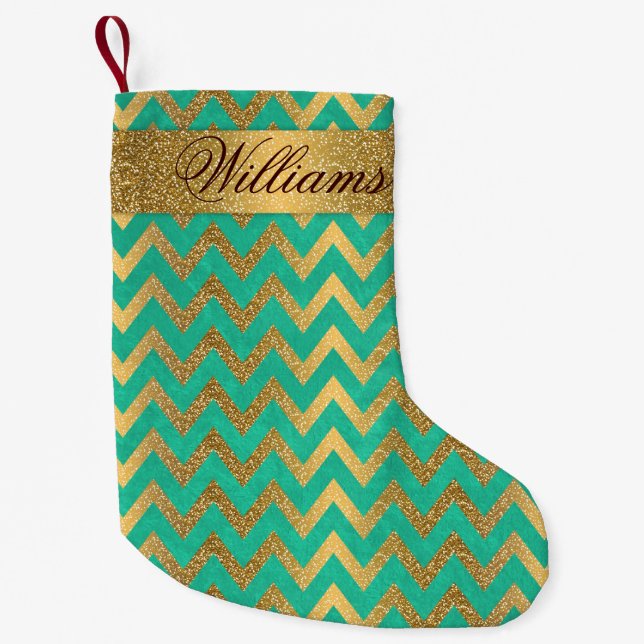 Cute trendy chevron zigzag faux gold glitter small christmas stocking (Front)