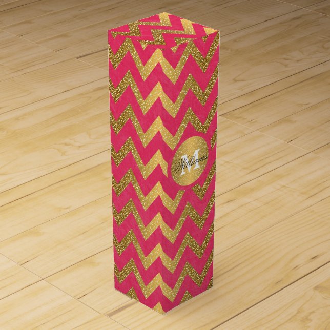 Cute trendy chevron zigzag faux gold glitter wine gift box (Front)