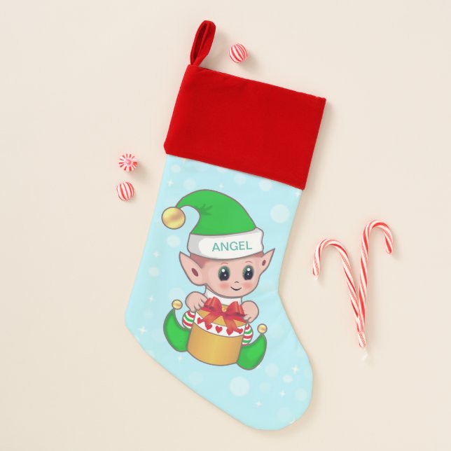 Cute trendy Christmas elf on light blue Stocking (Front)