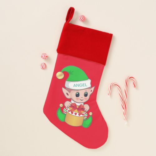 Cute trendy Christmas elf on red Christmas Stocking