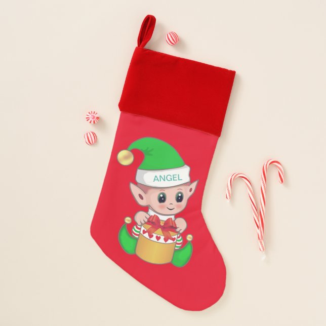 Cute trendy Christmas elf on red Stocking (Front)