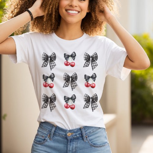 Cute Trendy Coquette Cherries and Black Bows  T_Shirt