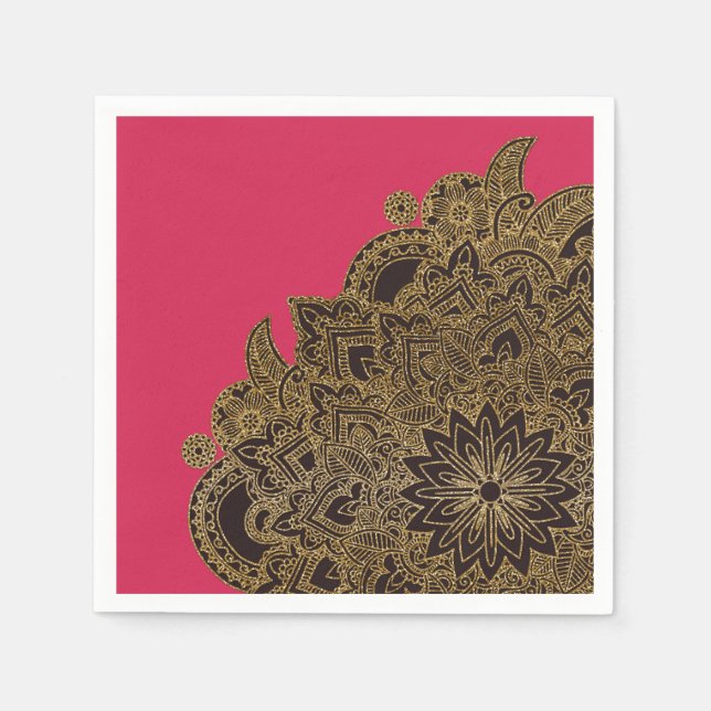Cute trendy faux gold glitter flower henna napkins (Front)