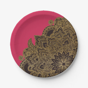 Cute trendy faux gold glitter flower henna paper plates