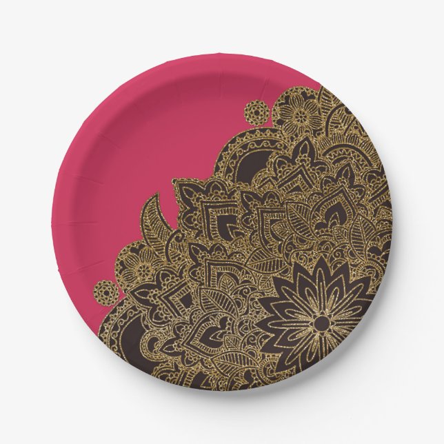 Cute trendy faux gold glitter flower henna paper plates (Front)