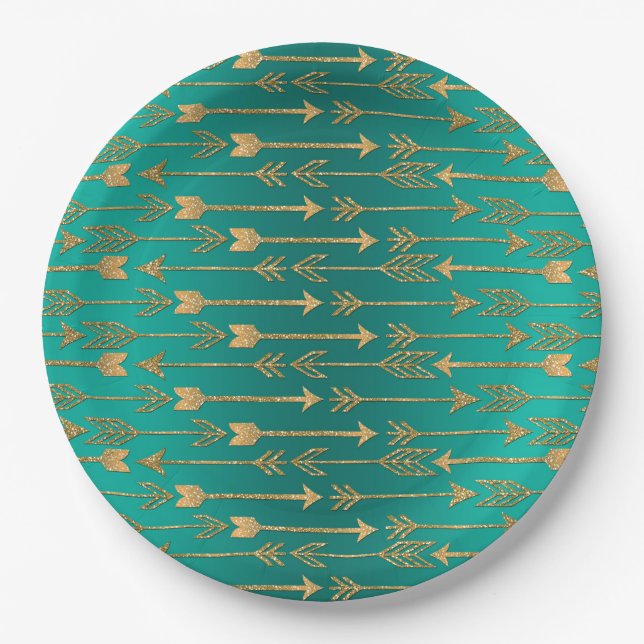 Cute trendy faux gold glitter tribal arrows paper plates (Front)