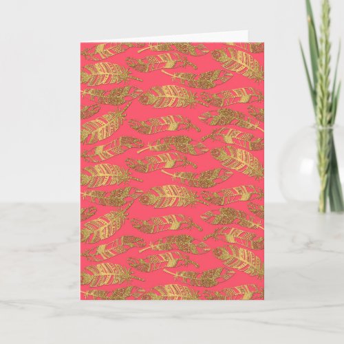 Cute trendy faux gold glitter tribal feathers card