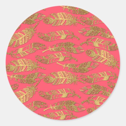 Cute trendy faux gold glitter tribal feathers classic round sticker