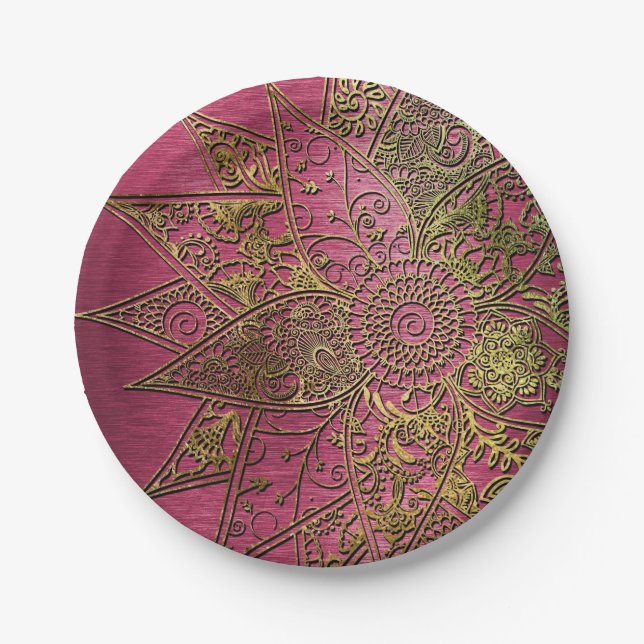 Cute trendy flower henna hand drawn design paper plates (Front)