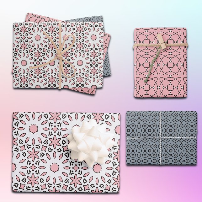 Cute Trendy Geometric Pink White and Grey Pattern Wrapping Paper Sheets (Creator Uploaded)