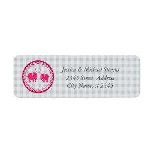 Cute trendy gingham elephants in love wedding label