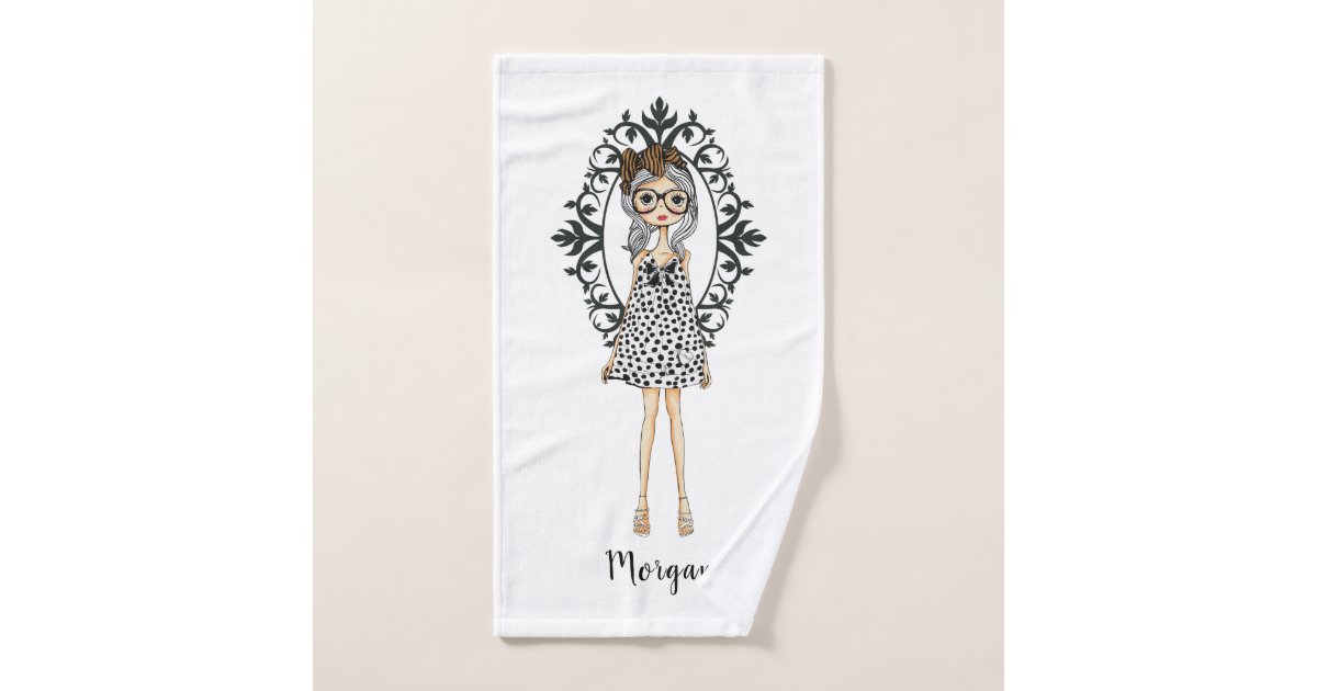 Cute Trendy Girl with Glasses Bath Towel Set | Zazzle