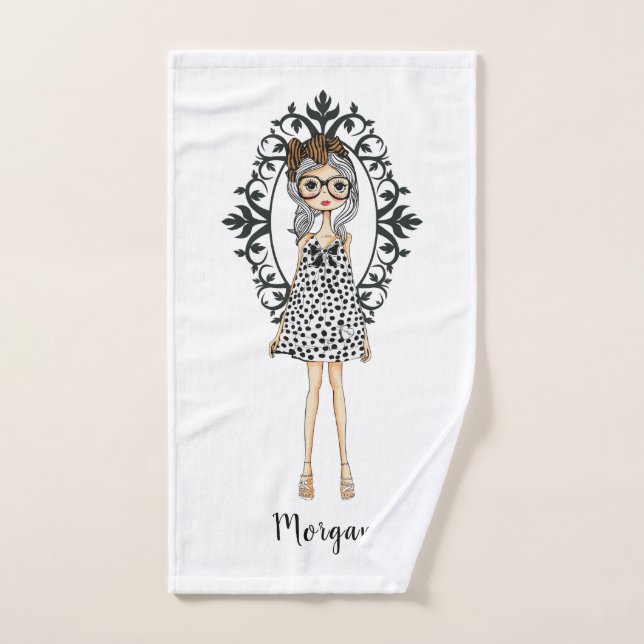 Cute Trendy Girl with Glasses Bath Towel Set (Hand Towel)