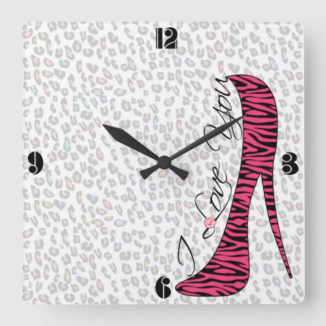 Cute trendy girly elegant "I Love You" high heels Square Wall Clock (Front)