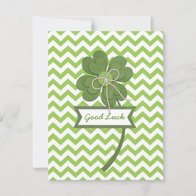 Cute trendy girly "Good Luck" four leaf clover Card (Front)