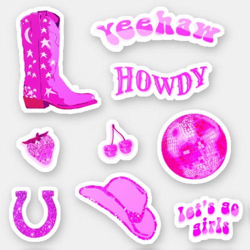 Cute Trendy Girly Hot Pink Cowgirl Aesthetic Set Sticker
