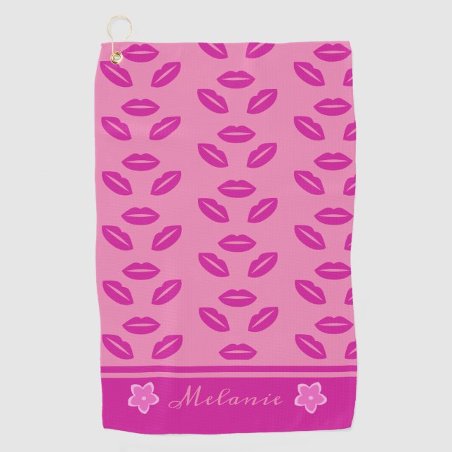 Cute Trendy Girly Pink Lips Pattern Personalized Golf Towel (Front)