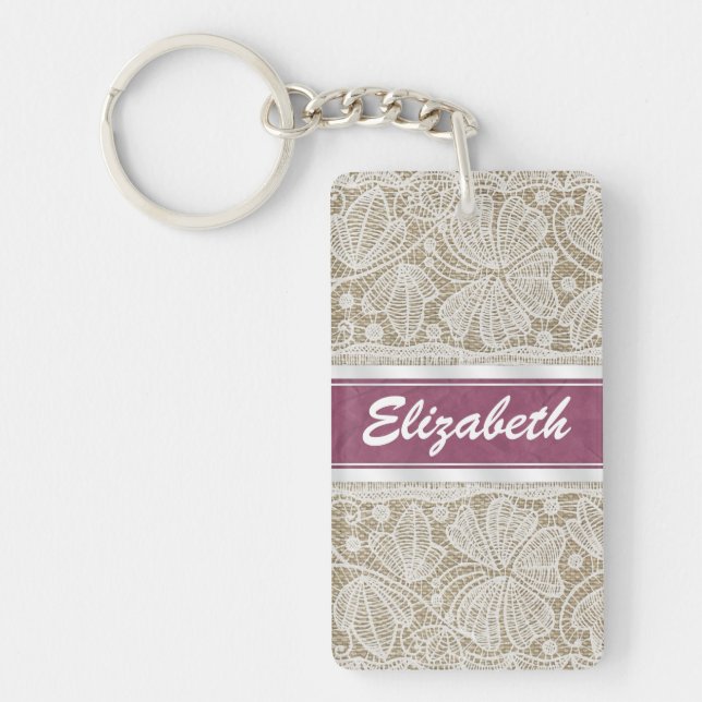 Cute trendy girly vintage monogram white lace keychain (Front)