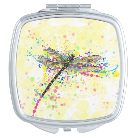 Cute Trendy Girly Watercolor Splatters Dragonfly Compact Mirror