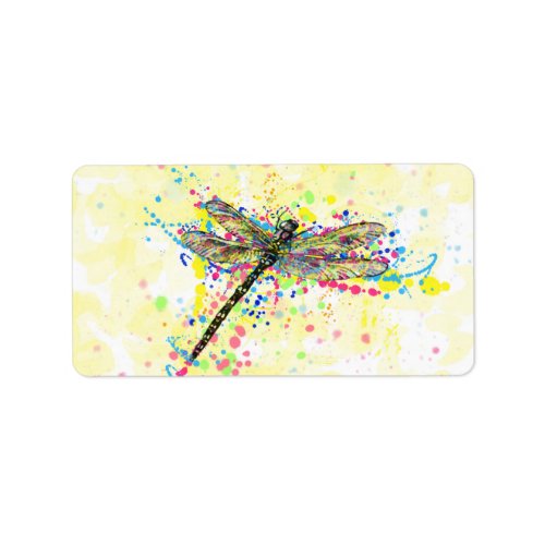 Cute trendy girly watercolor splatters dragonfly label