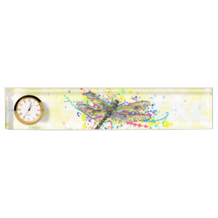 Cute trendy girly watercolor splatters dragonfly name plate