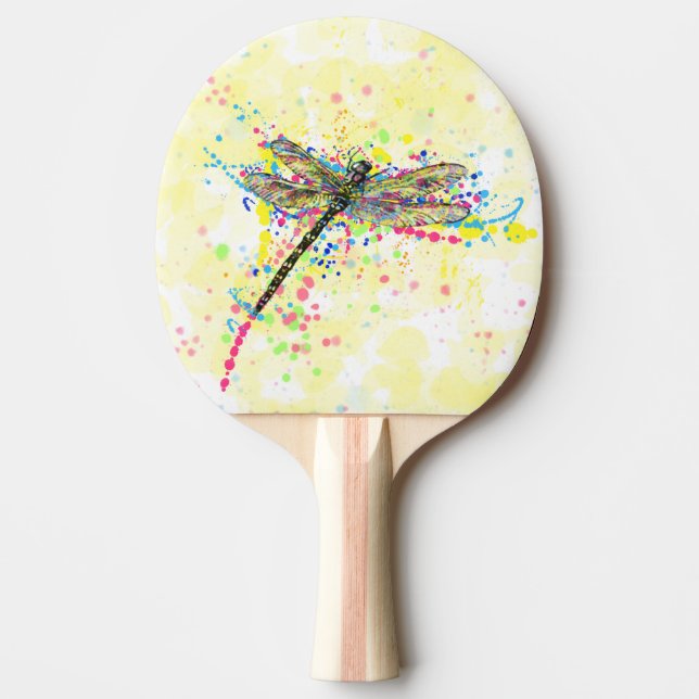Cute trendy girly watercolor splatters dragonfly Ping-Pong paddle (Front)
