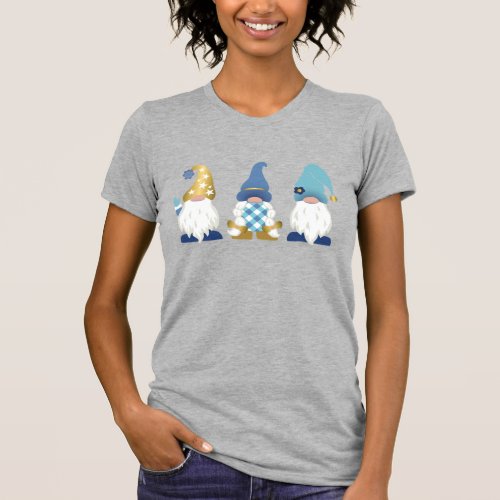 Cute Trendy Gnomes Blue Gold White Buffalo Plaid T T_Shirt