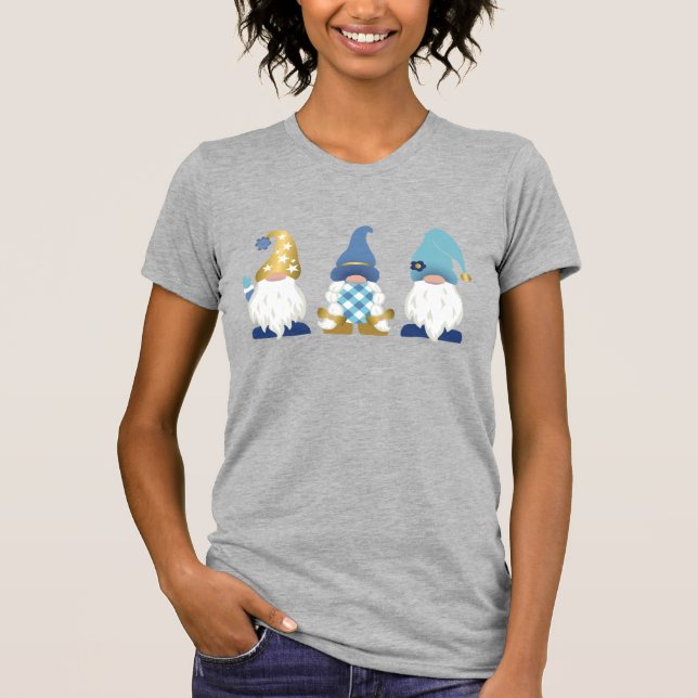 Cute Trendy Gnomes Blue Gold White Buffalo Plaid T T-Shirt (Front)