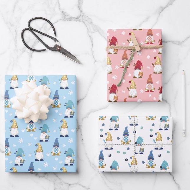 Cute Trendy Gnomes Blue Pink Gold White Wrapping Paper Sheets (Front)